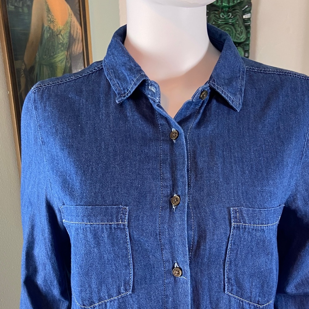 Say What? Denim Chambray High Low Tuxedo Shirttail Tunic Shirt Blouse Top Medium - Picture 4 of 11